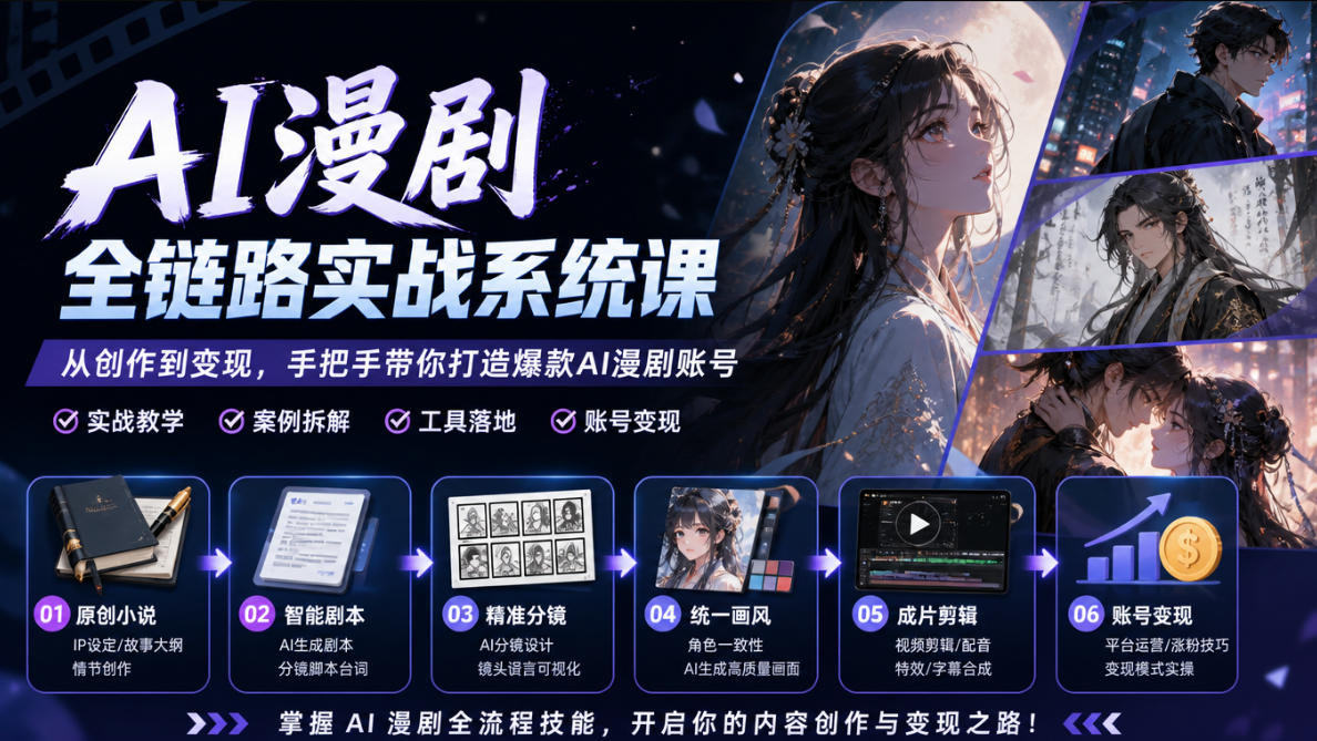 AI漫剧全链路实战系统课｜原创小说、智能剧本、精准分镜、统一画风、成片剪辑、账号变现实操教学(更新1018)-云创网