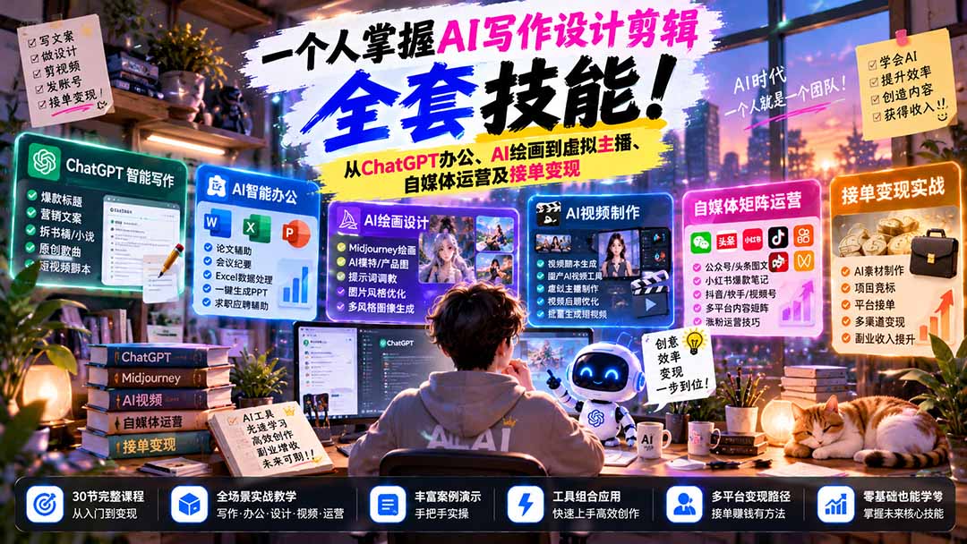 一个人掌握AI写作设计剪辑全套技能：从ChatGPT办公、AI绘画到虚拟主播、自媒体运营及接单变现-云创网