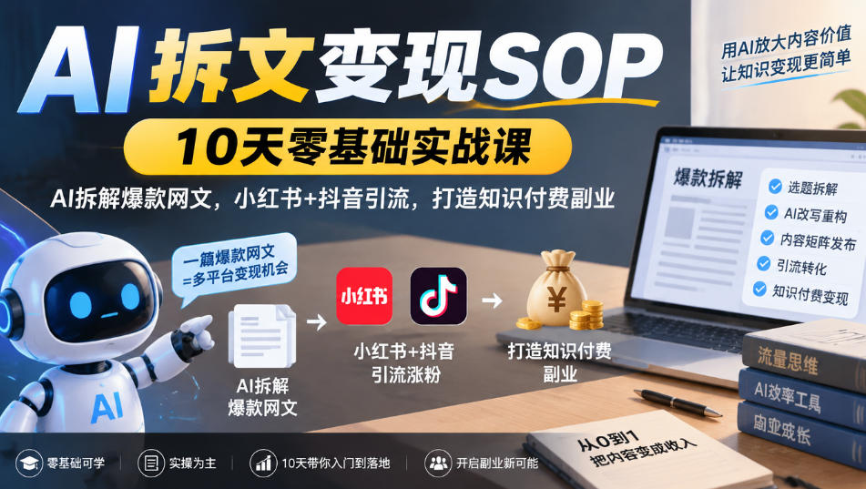 AI拆文变现SOP｜10天零基础实战课，AI拆解爆款网文，小红书+抖音引流，打造知识付费副业-云创网
