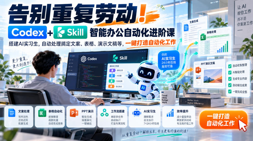 告别重复劳动！Codex+Skill智能办公自动化进阶课｜搭建AI实习生，自动处理搞定文案、表格、演示文稿等，一键打造自动化工作-云创网