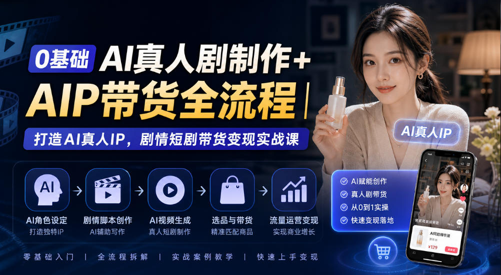 0基础AI真人剧制作+AIP带货全流程｜打造AI真人IP，剧情短剧带货变现实战课-云创网