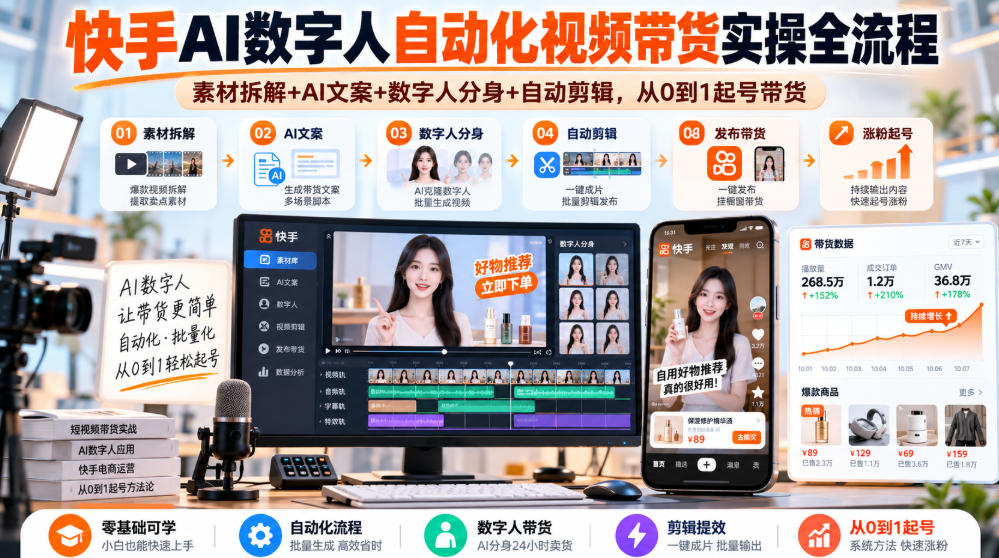 快手AI数字人自动化视频带货实操全流程｜素材拆解+AI文案+数字人分身+自动剪辑，从0到1起号带货(更新26年)-云创网