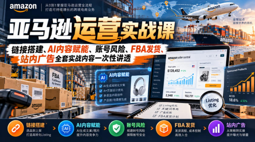 亚马逊运营实战课，链接搭建、AI内容赋能、账号风险、FBA发货、站内广告全套实战内容一次性讲透-云创网