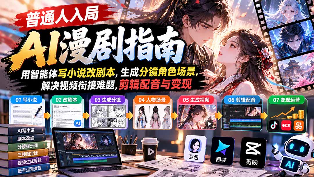 【无水印】普通人入局AI漫剧指南：用智能体写小说改剧本，生成分镜角色场景，解决视频衔接难题，剪辑配音与变现-云创网