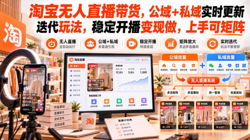 淘宝无人直播带货，公域+私域实时更新迭代玩法，稳定开播变现做，上手可矩阵【揭秘】-云创网