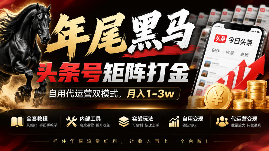 【年尾黑马】头条号矩阵打金，自用代运营双模式，月入1-3w，附全套教程及内部工具【揭秘】-云创网