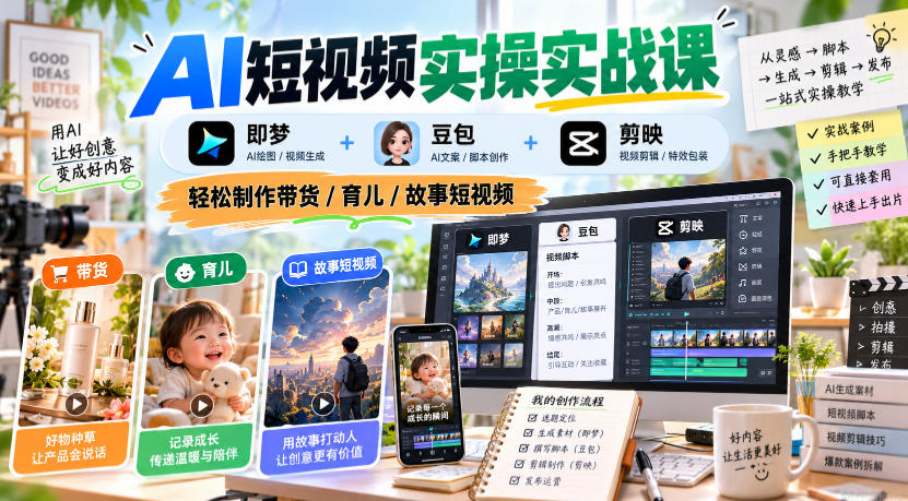 AI短视频实操实战课，即梦+豆包+剪映，轻松制作带货/育儿/故事短视频-云创网