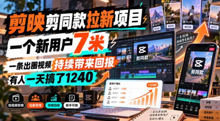 剪映剪同款拉新项目，一个新用户7米，一条出圈视频持续带来回报，有人一天搞了1240-云创网