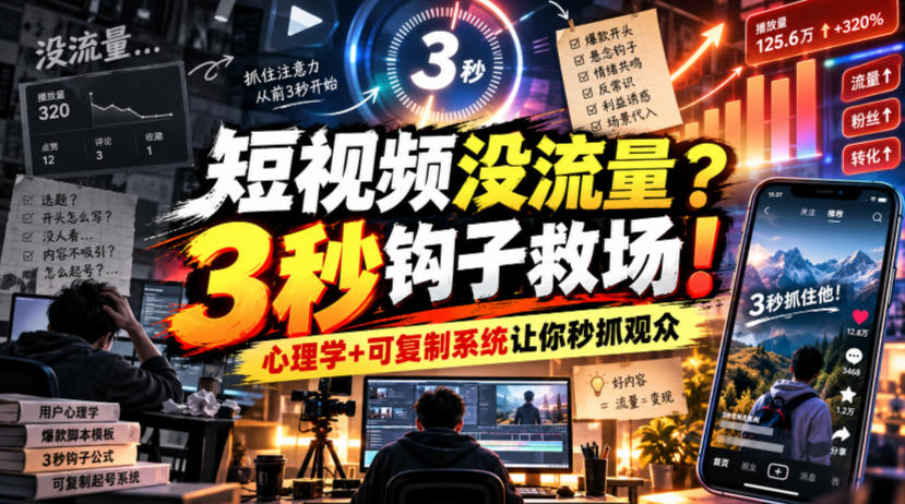 【无水印】短视频没流量？3秒钩子救场！心理学+可复制系统让你秒抓观众【原创双语字幕】-云创网