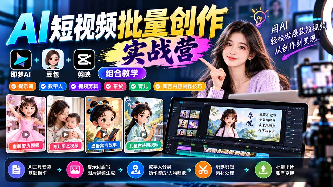 【无水印】AI短视频批量创作实战营：即梦+豆包+剪映组合教学，提示词/数字人/视频剪辑/带货/育儿/寓言内容制作技巧-云创网