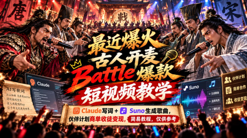 最近爆火古人开麦Battle爆款短视频教学，Claude写词+Suno生成歌曲，伙伴计划商单收徒变现，简易教程，仅供参考-云创网