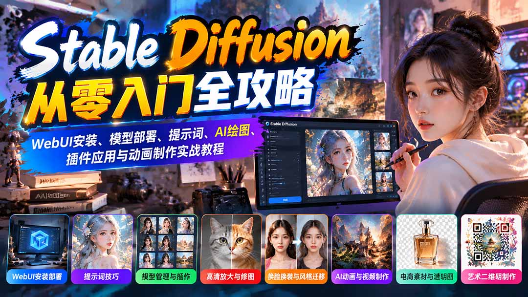 Stable Diffusion从零入门全攻略：WebUI安装、模型部署、提示词、AI绘图、插件应用与动画制作实战教程-云创网