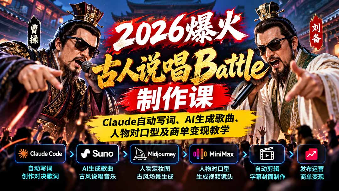 2026爆火古人说唱Battle制作课：Claude自动写词、AI生成歌曲、人物对口型及商单变现教学-云创网