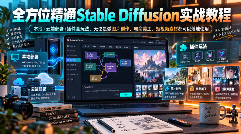 全方位精通Stable Diffusion实战教程｜本地+云端部署+插件全玩法，无论是做图片创作、电商美工、短视频素材都可以落地使用-云创网