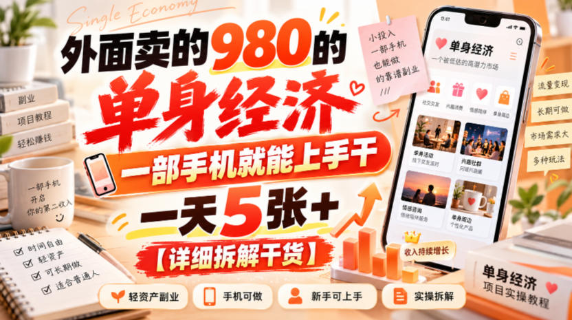外面卖的980的单身经济，一部手机就能上手干，一天5张+【详细拆解干货】-云创网