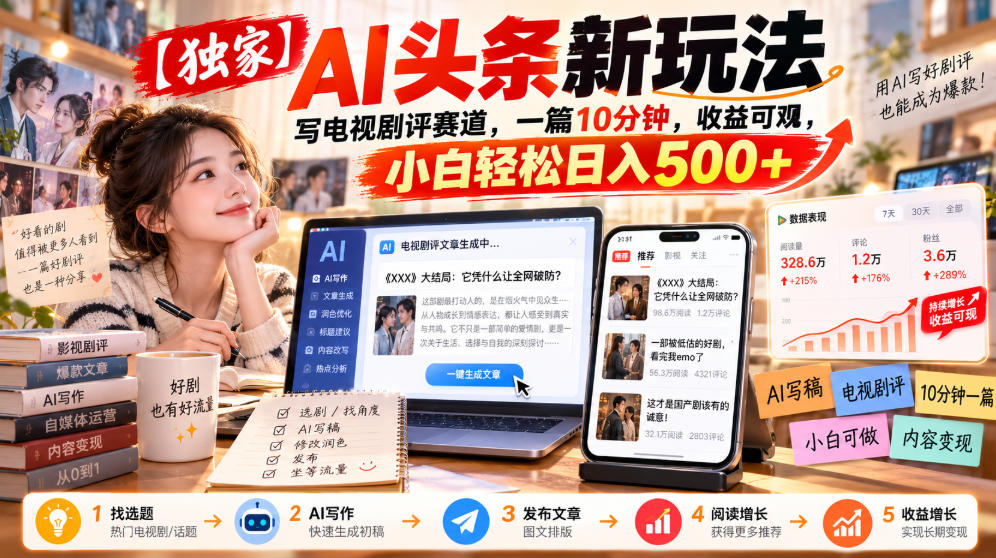 【独家】AI头条新玩法，写电视剧评赛道，一篇10分钟，收益可观，小白轻松日入500+-云创网