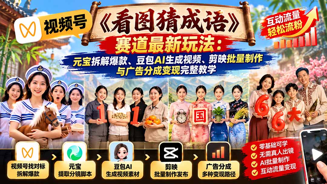 视频号《看图猜成语》赛道最新玩法：元宝拆解爆款、豆包AI生成视频、剪映批量制作与广告分成变现完整教学-云创网