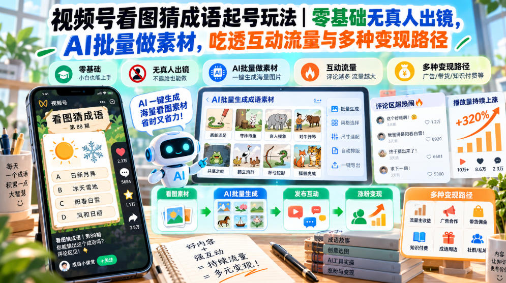 视频号看图猜成语起号玩法｜零基础无真人出镜，AI批量做素材，吃透互动流量与多种变现路径-云创网