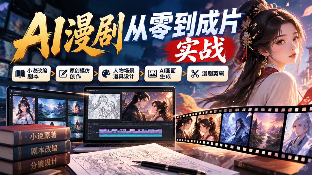 AI漫剧从零到成片实战：小说改编剧本、原创模仿创作、人物场景道具设计、AI画面生成与漫剧剪辑-云创网