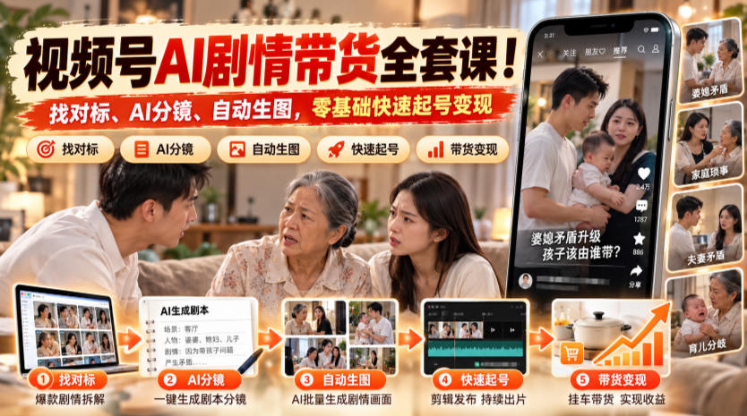 视频号AI剧情带货全套课！找对标、AI分镜、自动生图，零基础快速起号变现-云创网