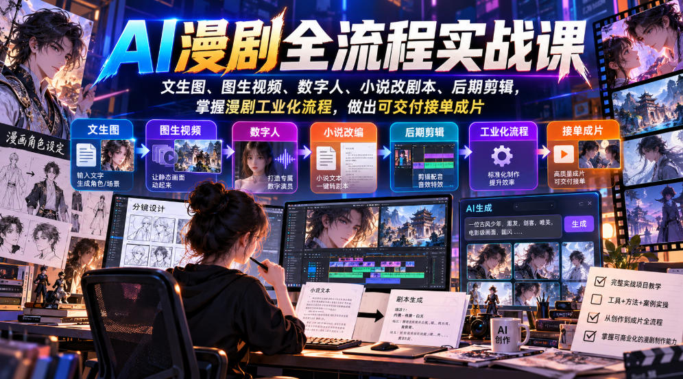 AI漫剧全流程实战课，文生图、图生视频、数字人、小说改剧本、后期剪辑，掌握漫剧工业化流程，做出可交付接单成片-云创网