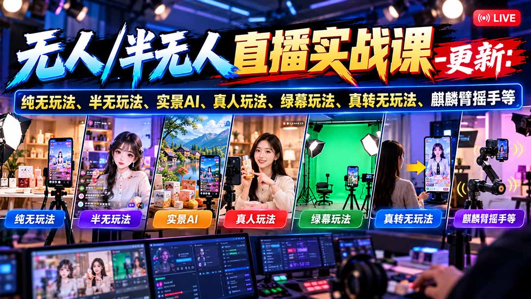 无人/半无人直播实战课-10月20更新：纯无玩法、半无玩法、实景AI、真人玩法、绿幕玩法、真转无玩法、麒麟臂摇手等-云创网