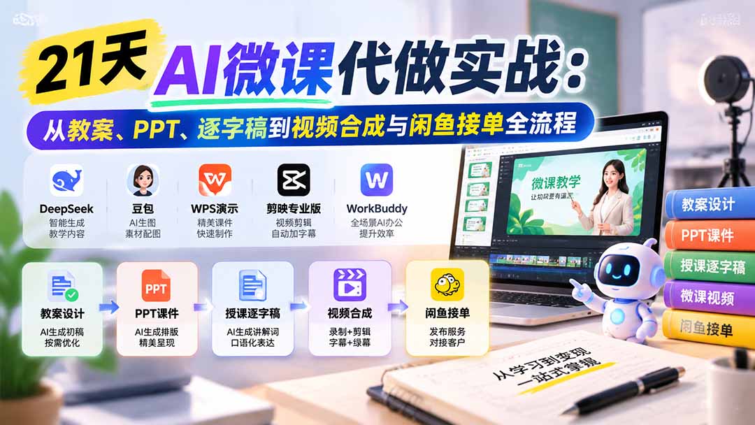 21天AI微课代做实战：从教案、PPT、逐字稿到视频合成与闲鱼接单全流程-云创网