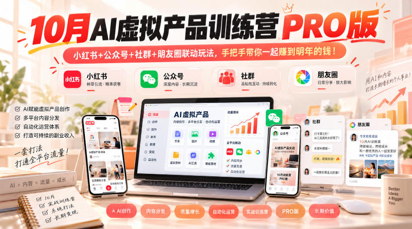 10月AI虚拟产品训练营PRO版，小红书+公众号+社群+朋友圈联动玩法，手把手带你一起赚到明年的钱！-云创网
