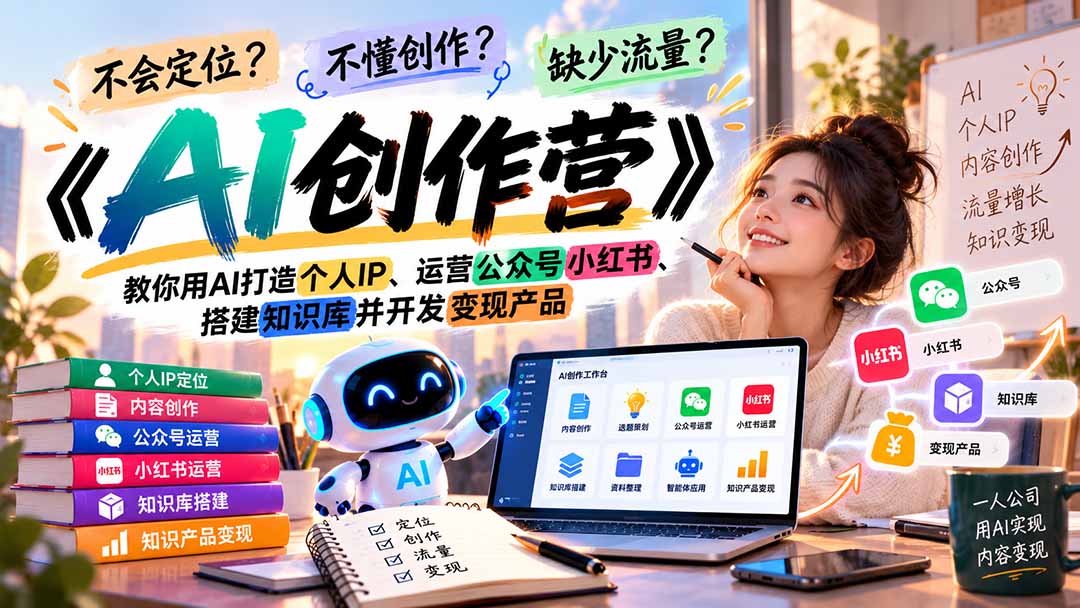 不会定位、不懂创作、缺少流量？《AI创作营》教你用AI打造个人IP、运营公众号小红书、搭建知识库并开发变现产品-云创网