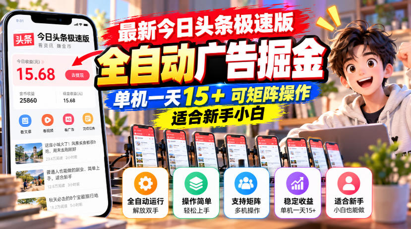 最新今日头条极速版全自动广告掘金，单机一天15+可矩阵操作适合新手小白-云创网
