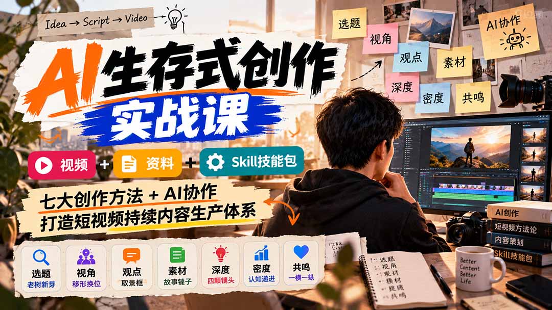 AI生存式创作实战课：视频+资料+Skill技能包，七大创作方法+AI协作，打造短视频持续内容生产体系-云创网