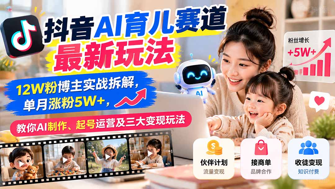抖音AI育儿赛道最新玩法：12W粉博主实战拆解，单月涨粉5W+，教你AI制作、起号运营及三大变现玩法-云创网