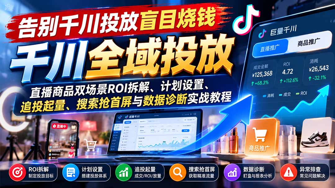 告别千川投放盲目烧钱：直播商品双场景ROI拆解、计划设置、追投起量、搜索抢首屏与数据诊断实战教程-云创网