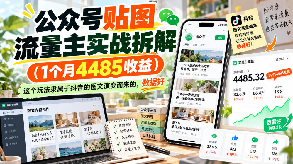 公众号贴图流量主实战拆解(1个月4485收益)，这个玩法隶属于抖音的图文演变而来的，数据好-云创网