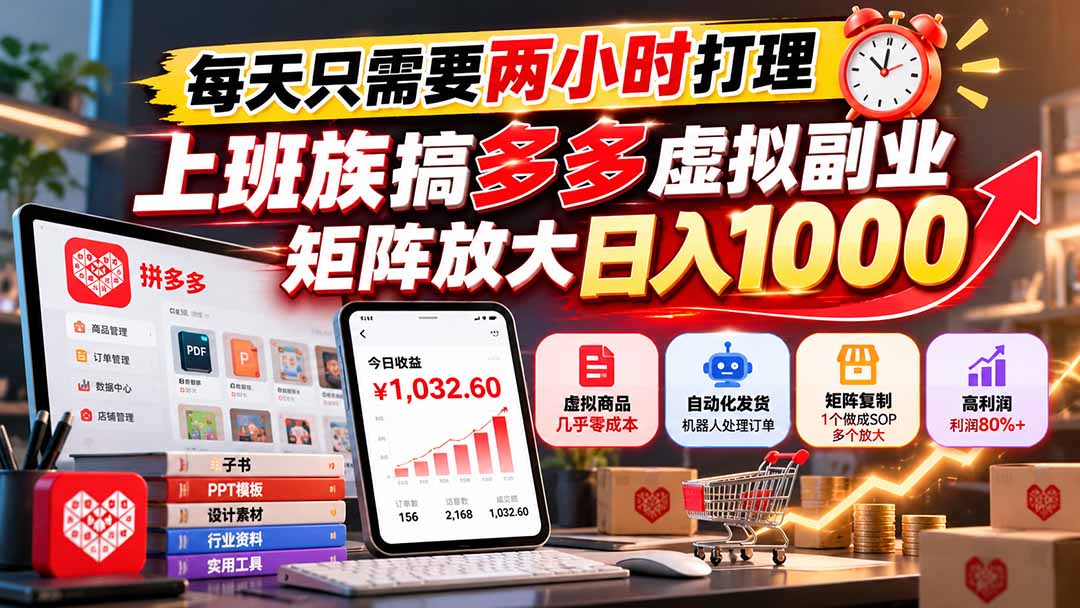 每天只需要两小时打理，上班族搞多多虚拟副业，矩阵放大日入 1000-云创网