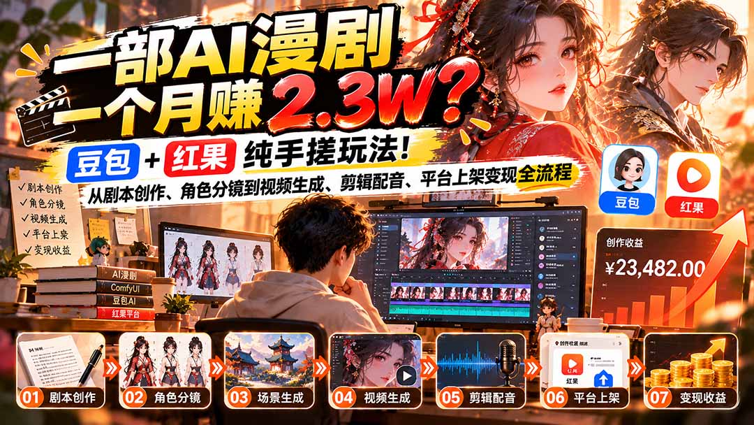 一部AI漫剧一个月赚2.3W？豆包+红果纯手搓玩法！从剧本创作、角色分镜到视频生成、剪辑配音、平台上架变现全流程-云创网