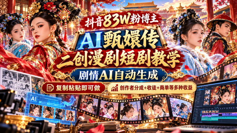 抖音83W粉博主AI甄嬛传二创漫剧短剧教学｜剧情AI自动生成，复制粘贴即可做，各大平台创作者分成+收徒等多种收益-云创网