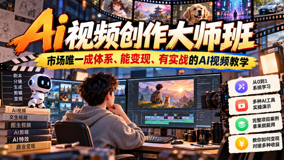 Ai视频创作大师班，市场唯一成体系、能变现、有实战的AI视频教学(更新2026)-云创网