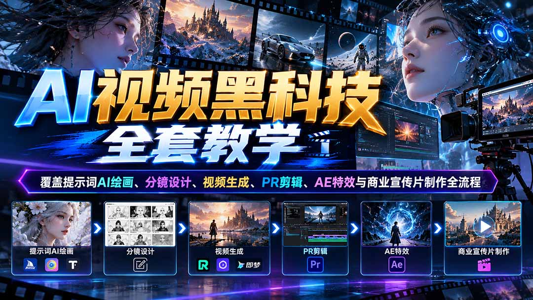 AI视频黑科技全套教学：覆盖提示词AI绘画、分镜设计、视频生成、PR剪辑、AE特效与商业宣传片制作全流程-云创网
