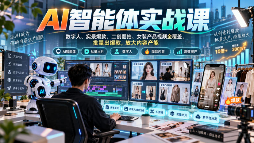 AI智能体实战课，数字人、实景爆款、二创翻拍、女装产品视频全覆盖，批量出爆款，放大内容产能-云创网