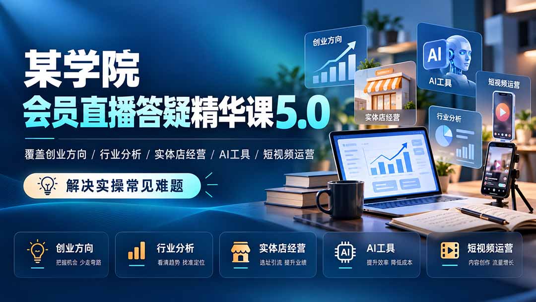 某学院会员直播答疑精华课5.0：覆盖创业方向、行业分析、实体店经营、AI工具和短视频运营，解决实操常见难题！-云创网