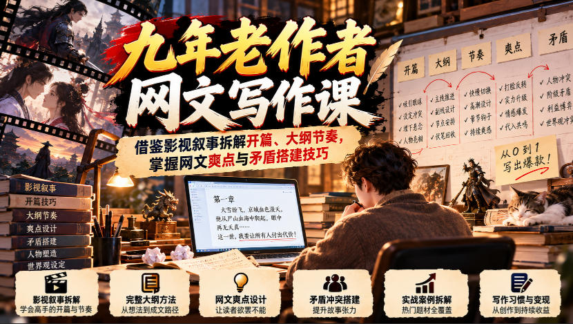 九年老作者网文写作课：借鉴影视叙事拆解开篇、大纲节奏，掌握网文爽点与矛盾搭建技巧-云创网