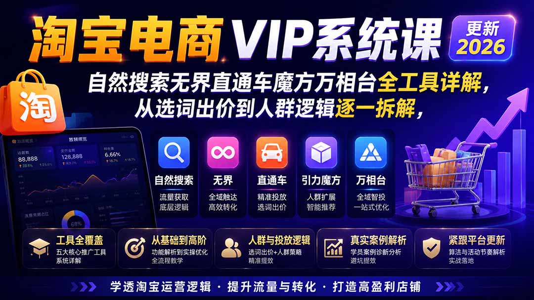 2026淘宝电商终局之战VIP课-更新1022：自然搜索+直通车+无界+精准人群，系统掌握测款动销与全店推广布局方法-云创网