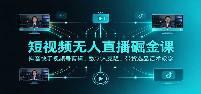 短视频无人直播掘金课：抖音快手视频号剪辑、数字人克隆、带货选品话术教学-云创网