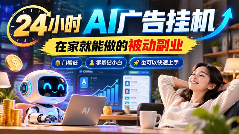 24小时AI广告挂机｜在家就能做的被动副业，门槛低，零基础小白也可以快速上手-云创网