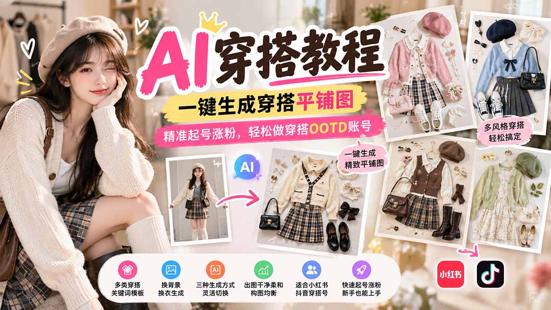 【无水印】AI穿搭教程｜一键生成穿搭平铺图，精准起号涨粉，轻松做穿搭OOTD账号-云创网