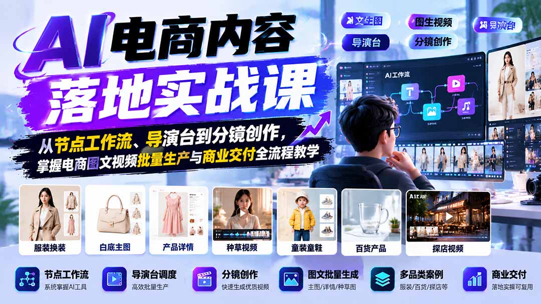 AI电商内容落地实战课：从节点工作流、导演台到分镜创作，掌握电商图文视频批量生产与商业交付全流程教学-云创网