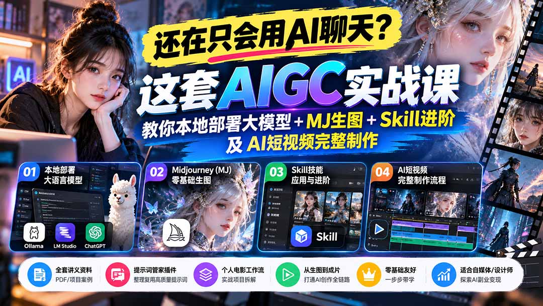 【无水印】还在只会用AI聊天？这套AIGC实战课教你本地部署大模型+MJ生图+Skill进阶及AI短视频完整制作-云创网