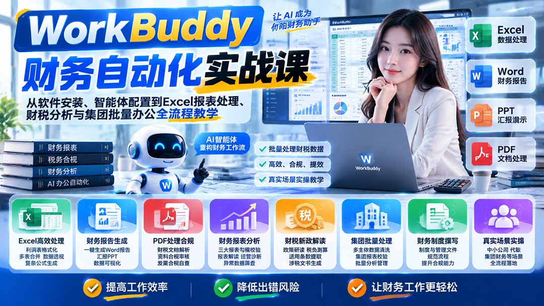 WorkBuddy财务自动化实战课：从软件安装、智能体配置到Excel报表处理、财税分析与集团批量办公全流程教学-云创网