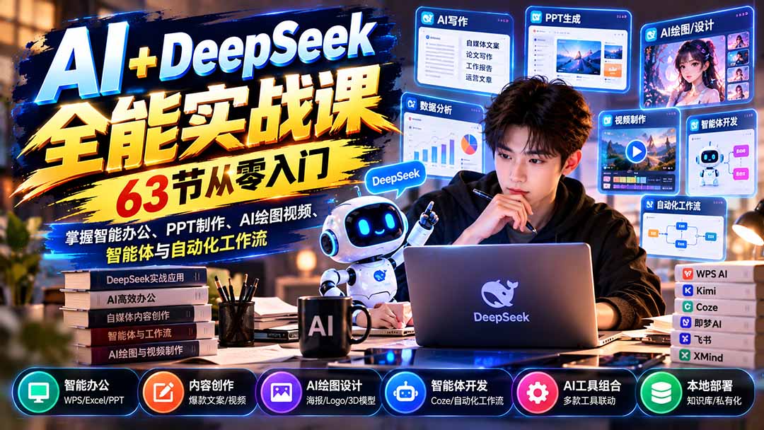 AI+DeepSeek全能实战课：63节从零入门，掌握智能办公、PPT制作、AI绘图视频、智能体与自动化工作流-云创网